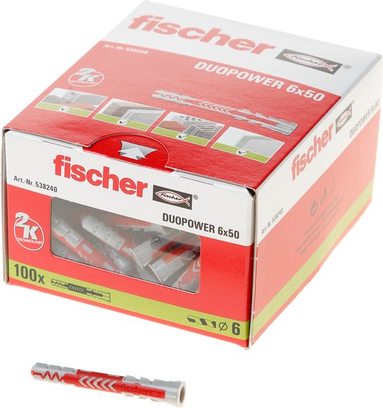 Doos Fischer DUOPOWER 6x50 plugs, met een enkele plug ernaast.
