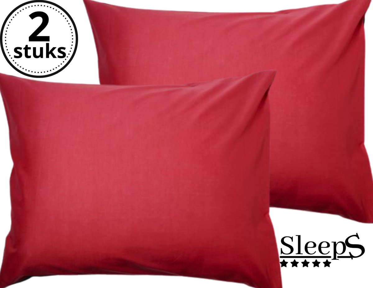 Sleeps - Kussenslopen - Set van 2 Stuks - Rood - 60x70cm - 100% Hoogwaardige 20A Katoen - Zacht Katoen - Strijkvrij -