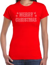 Glitter kerst t-shirt rood Merry Christmas glitter steentjes/ rhinestones   voor dames - Glitter kerst shirt/ outfit XS