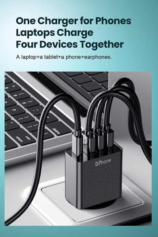 DrPhone HALO6 - 20W 4 USB Poorten Snel Lader – USB-C PD 3.0 - QC 4.0 Thuislader- Oplader 5V 3A / 9V 2.2A met LED ring - Universeel – Zwart - DrPhone