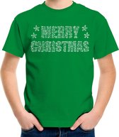Glitter kerst t-shirt groen Merry Christmas glitter steentjes/ rhinestones   voor kinderen - Glitter kerst shirt/ outfit M