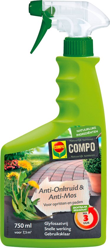 COMPO Anti-Onkruid & Anti-Mos Spray Opritten & Paden - natuurlijke ingrediënten - eerste resultaten binnen 3 uur - spray 750 ml (7,5 m²)