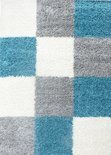Tapijtenloods Basic Shaggy Geblokt Vloerkleed Turquoise / Wit Hoogpolig 120x170 Cm
