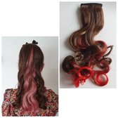 Paardenstaart hairextensions Funny color mix bruin met rood 50 CM Klem haarstuk Clip in