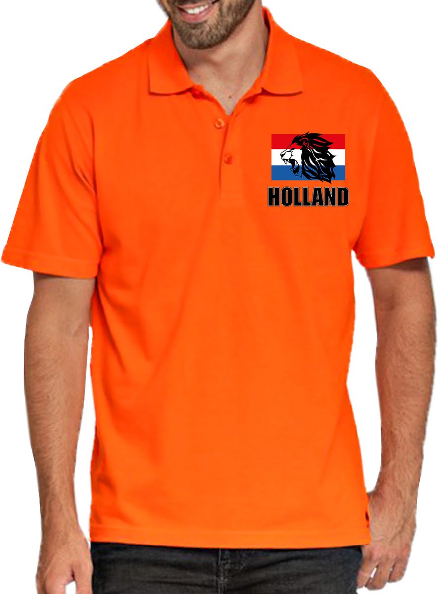 Afbeelding van product Bellatio Decorations  Grote maten oranje fan poloshirt voor heren - met leeuw en vlag op borst - Holland / Nederland supporter - EK/ WK shirt / outfit XXXXL  - maat XXXXL