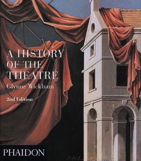 Boek 'A History of the Theatre' 2e editie, met een schilderij van een gebouw en rode draperie.