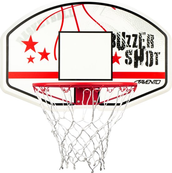 Wit basketbalbord met rode ring en wit net, met rode sterren en 'BUZZER SHOT' tekst.