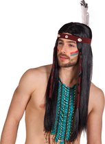 Pruik Indiaan Takoda - Native American - Western - Lange steil haar met hoofdband en veer - Zwart - Heren