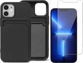 Zwart Pasjeshouder Hoesje geschikt voor iPhone 12 / 12 Pro - Screenprotector Glas + Kaart TPU Hoesje Backcover