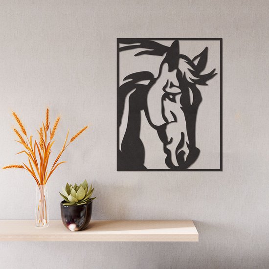 Wanddecoratie - Paard - Hout - Wall Art - Muurdecoratie - Zwart - 36.5 x 29 cm