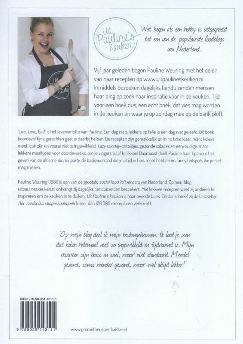 Achterkant van het boek 'Uit Pauline's keuken' met Pauline en tekst.