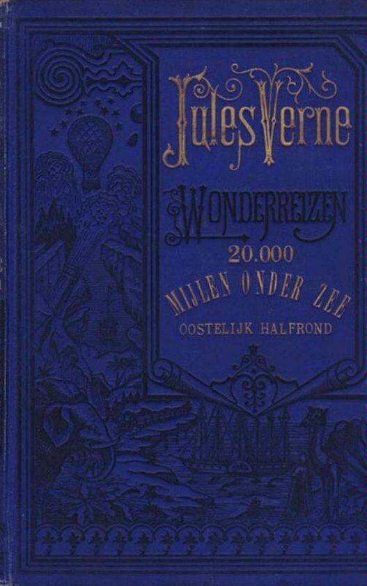 Blauw Jules Verne boek 'Wonderreizen 20.000 Mijlen Onder Zee' met gouden opdruk en gedetailleerde illustraties.