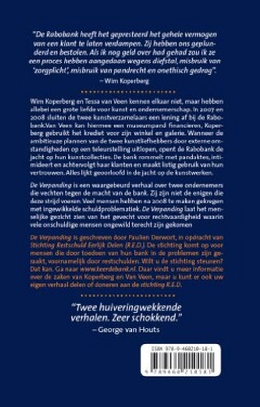 Achterkant van een boek met Nederlandse tekst over Rabobank en kunst. "Twee huiveringwekkende verhalen. Zeer schokkend."
