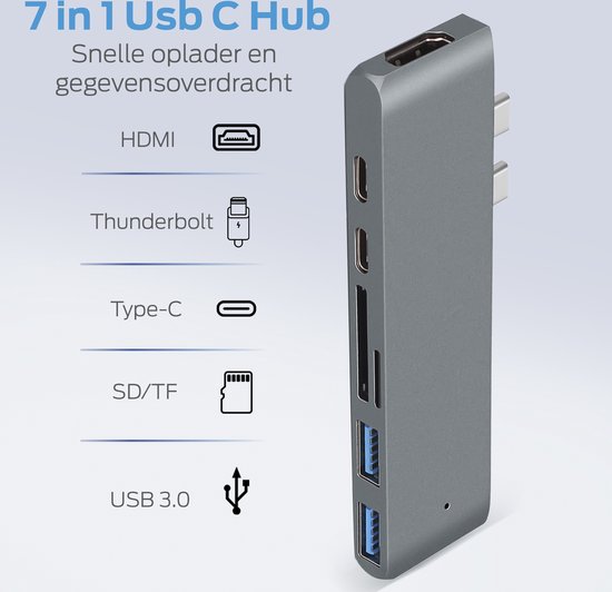 USB C Hub 7 in 1 - USB splitter - USB C dock - USB 3.0 - 4K UHD HDMI - Macbook Pro / Air  - Interhub