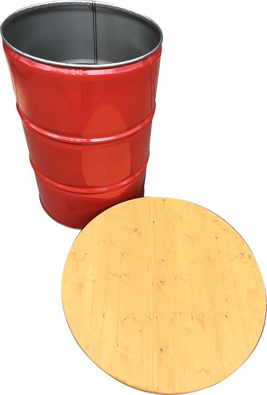 Table debout industrielle / poubelle 2 en 1 Barrelkings| Baril d'huile en métal 200 Litres rouge Poubelle / Prullenbak 200 Litres avec couvercle troué | Table de bar / Table suspendue avec plateau en bois laqué. 80 cm / 105 cm Contenu 200 litres.