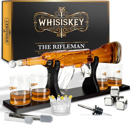 Whisiskey Whiskey Karaf - AK-47 - Luxe Whisky Karaf Set - 1 L - Decanteer Karaf - Whiskey Set - Incl. 4 Whiskey Stones, 4 Whiskey Glazen & 6 extra accessoires - Peaky Blinders - Cadeau voor Man & Vrouw