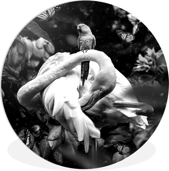 WallCircle - Wandcirkel ⌀ 30 - Planten - Flamingo - Jungle - Zwart - Wit - Ronde schilderijen woonkamer - Wandbord rond - Muurdecoratie cirkel - Kamer decoratie binnen - Wanddecoratie muurcirkel - Woonaccessoires