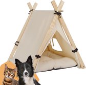 Kamyra® Tipi Hondenmand / Kattenmand - Overdekt Kattenhuis / Hondenhuis - Tent Met Hondenkussen - Beige, 60 x 60 x 70 cm