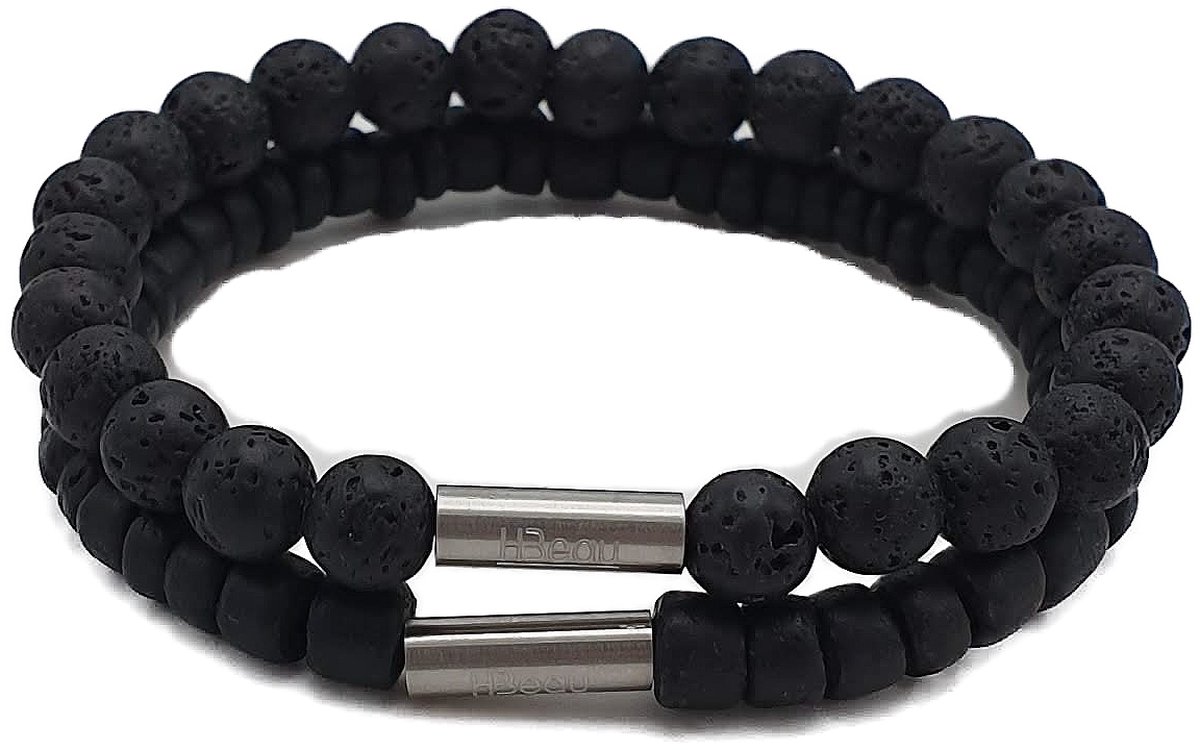 H-Beau - Duo – Cadeau - Set van 2 Handgemaakte Armbanden - Jongens Armband - Breedte: 6mm – Lengte: 16,5cm - Zwart - Natuurstenen - Natuurkralen - Lavasteen – Kokos – hout - Kralen - RVS Kraal - Mat – Unisex - Geschenk