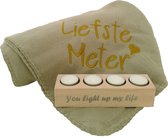 Relaxpakket: Beige fleecedeken met borduursel ‘Liefste Meter’ en Theelichthouder met opdruk 'You Light up my life' - Meter Cadeau