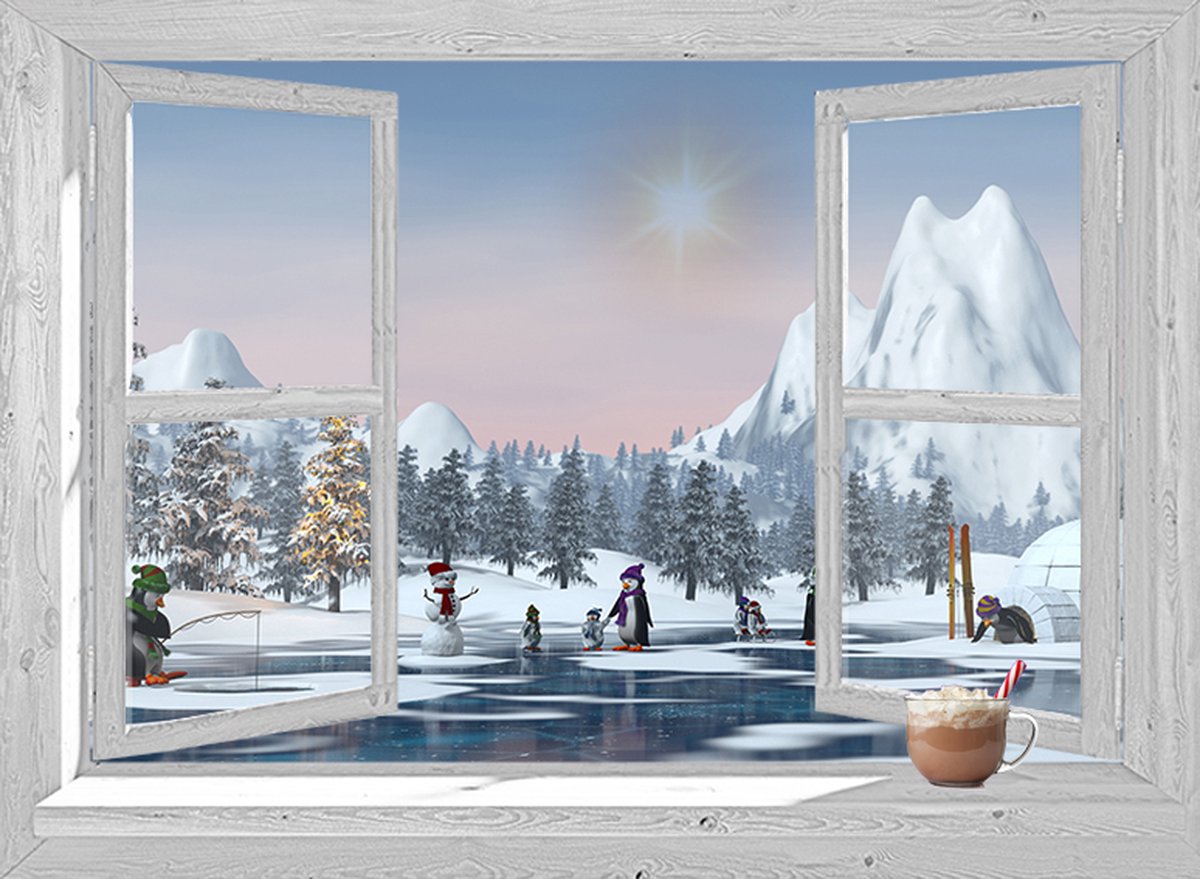 D&C Collection - 90x65 cm - kerstposter voor buiten - doorkijk - Bruin venster met kerstman en cocktails - strand - winter poster - kerst decoratie