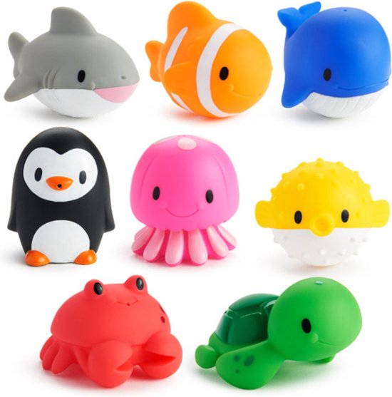 Munchkin Badspeelgoed Voor Baby's - Oceaanvormige Baddiertjes die Spuiten! - Badspuiters - Per 8 Stuks - Vanaf 9 Maanden