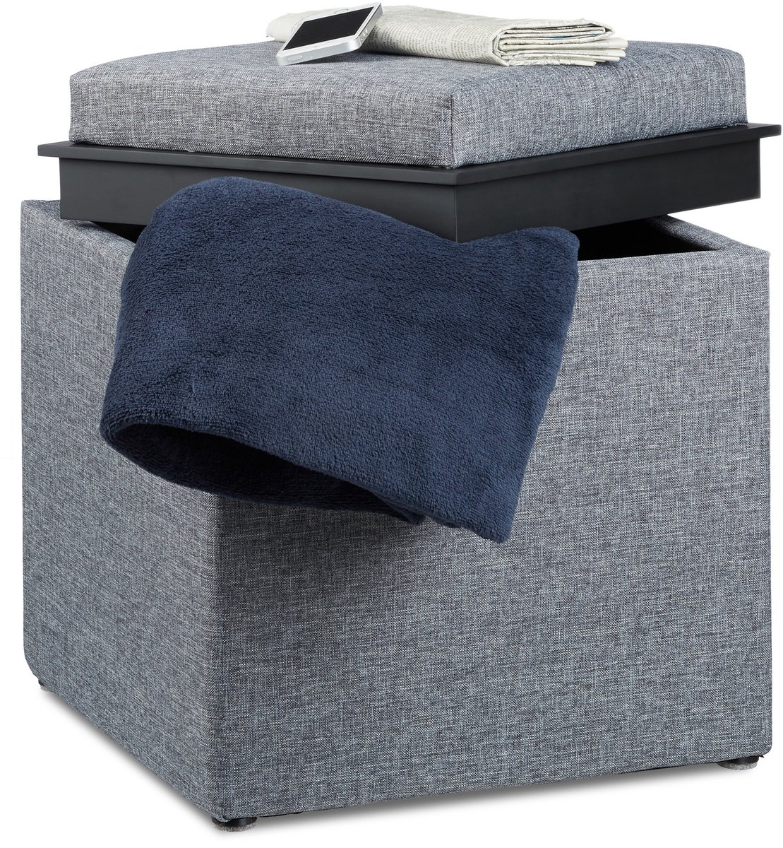 Relaxdays poef met opbergruimte - linnen look - met dienblad - 42 x 40,5 x 40,5 cm - voetenbank - donkergrijs