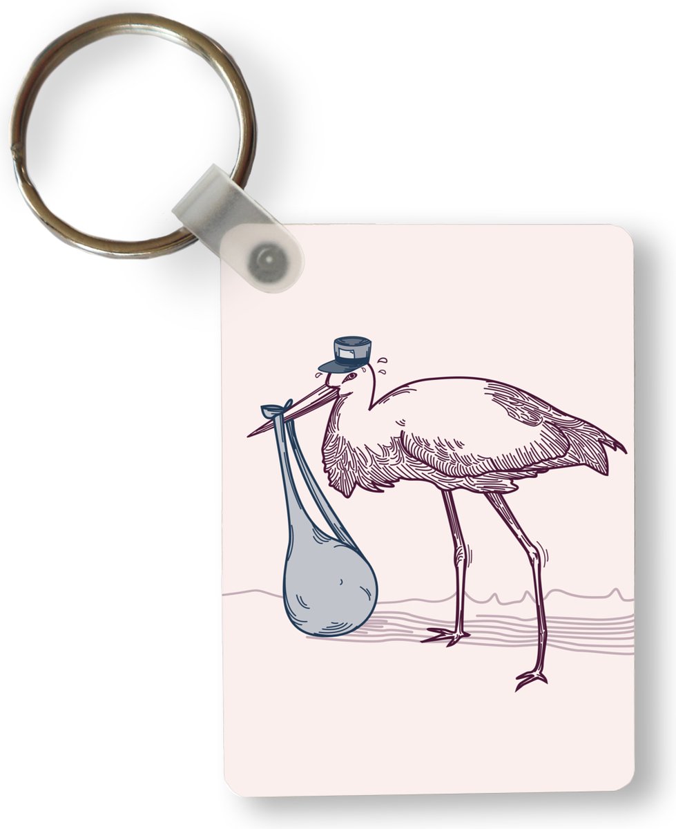 Sleutelhanger - Kinderillustratie van een ooievaar met een baby - Uitdeelcadeautjes - Plastic