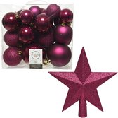 Kerstversiering kunststof kerstballen framboos roze 6-8-10 cm pakket van 27x stuks - Met kunststof ster piek van 19 cm