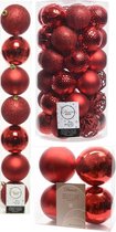 Kerstversiering kunststof kerstballen rood 6-8-10 cm pakket van 59x stuks - Kerstboomversiering