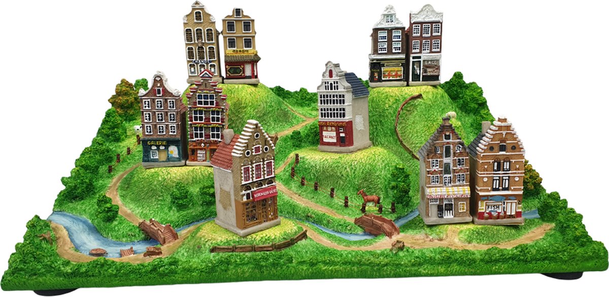Elcee-Haly – Kerst decoratie – set van 10 Hollandse “kleine” gevelhuisjes met landschap – Traditionele Hollandse gevelhuisjes – DIY Kerstdorp