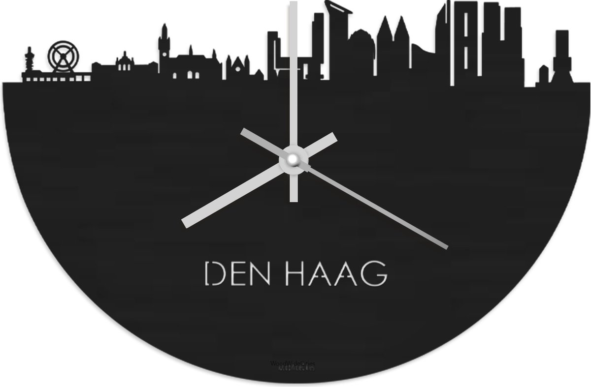 Skyline Klok Den Haag Zwart hout - Ø 40 cm - Stil uurwerk - Wanddecoratie - Meer steden beschikbaar - Woonkamer idee - Woondecoratie - City Art - Steden kunst - Cadeau voor hem - Cadeau voor haar - Jubileum - Trouwerij - Housewarming - WoodWideCities