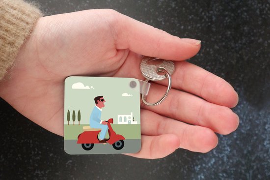 Porte-clés Illustration Vespa - Illustration d'un homme sur un porte-clés Vespa rouge en plastique - Porte-clés carré avec photo
