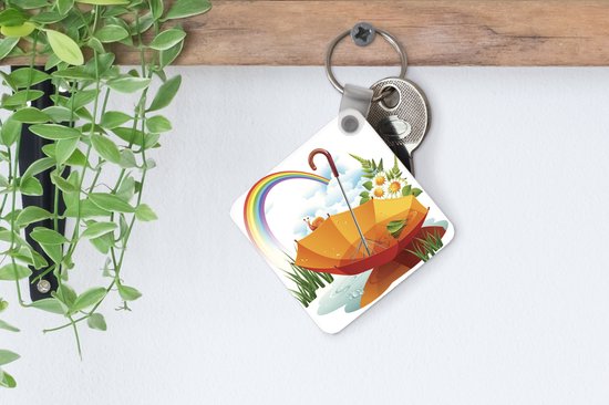 Porte-clés Rainbows illustration - Une illustration d'un parapluie orange sous un porte-clés arc-en-ciel en plastique - porte-clés carré avec photo