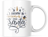 Kerst Mok met tekst: I believe in unicorns and Santa | Kerst Decoratie | Kerst Versiering | Grappige Cadeaus | Koffiemok | Koffiebeker | Theemok | Theebeker