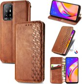 Luxe PU Lederen Ruitpatroon Wallet Case + PMMA Screenprotector voor OPPO A94 5G / Reno5 Z  _ Bruin