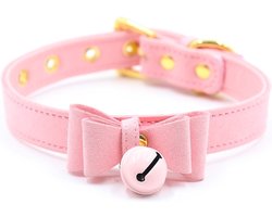 Nooitmeersaai - PU leren halsband met strik en kattenbel - roze