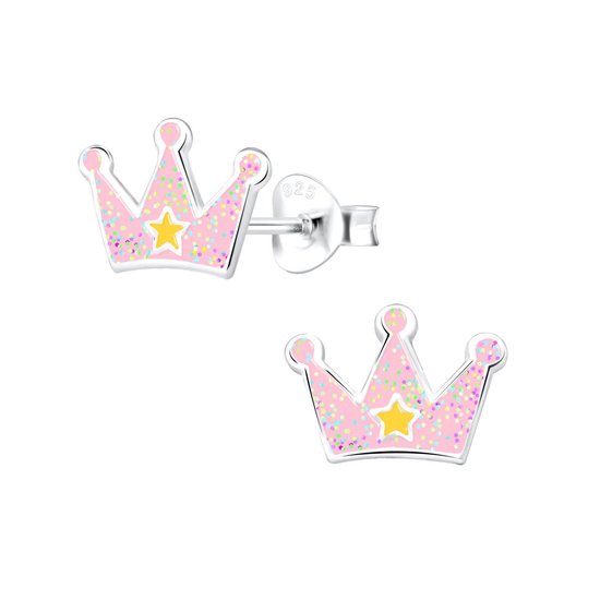 Joy|S - Zilveren kroontje oorbellen - glitter roze met gele ster