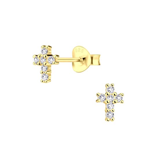 Joy|S - Zilveren kruisje oorbellen - 5 x 7 mm - oorknopjes - zirkonia - 14k goudplating