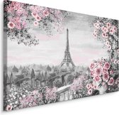Schilderij - Prachtig uitzicht op de Eiffeltoren, Parijs (Print op canvas), zwart-wit/roze, 4 maten