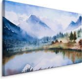 Schilderij - Berglandschap en meer (print op canvas), 4 maten, multi-gekleurd, premium print