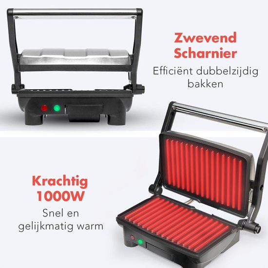 KitchenBrothers Contactgrill - Compact - 180° Openklapbaar - 1000W -  RVS/Zwart | bol.com