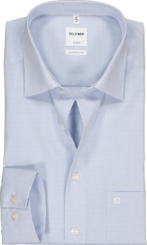 OLYMP Luxor comfort fit overhemd - lichtblauw met wit geruit - Strijkvrij - Boordmaat: 41
