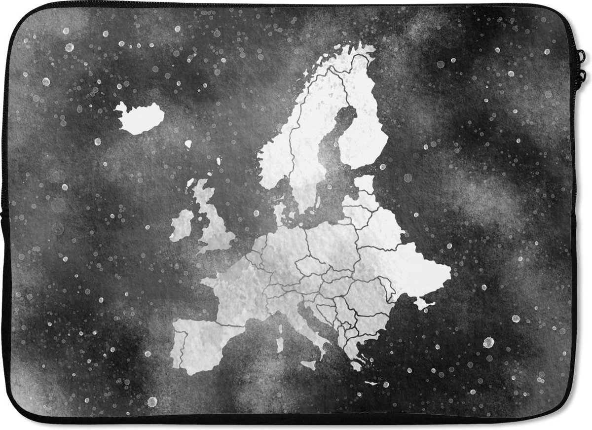 Laptophoes 14 inch - Europakaart op sterrenstelsel achtergrond van waterverf - zwart wit - Laptop sleeve - Binnenmaat 33x23 cm - Zwarte achterkant
