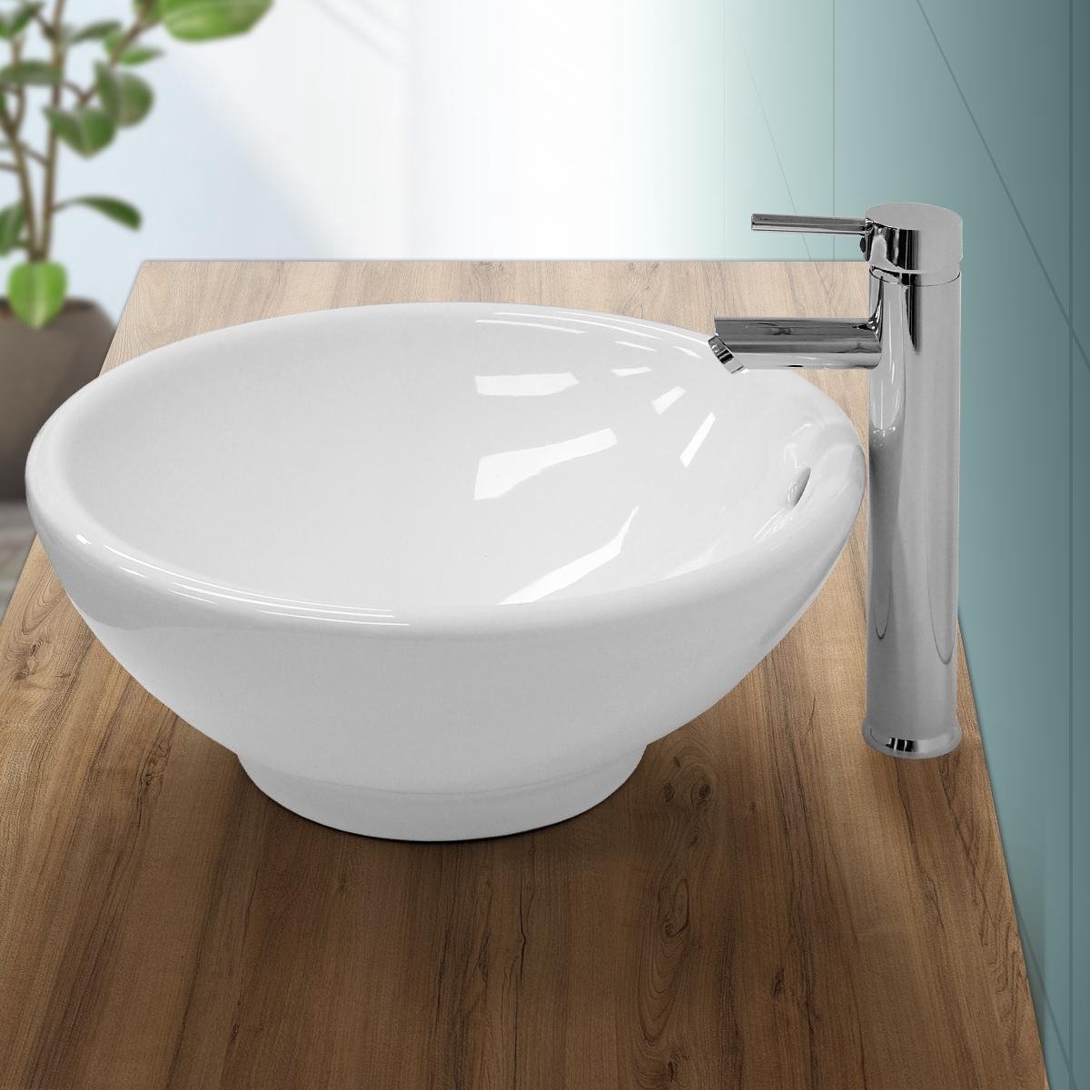 ECD Germany wastafelmeubel Ø 420 x 170 mm rond model van wit keramiek inclusief afvoergarnituur voor waskom met overloop Stijlvolle opbouwwastafel fontein en compacte spoelbak voor de badkamer