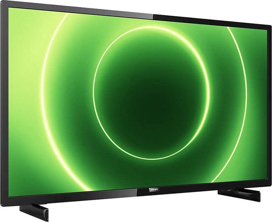 Zwarte Philips tv met groen gloeiende cirkel op het scherm, zijaanzicht.