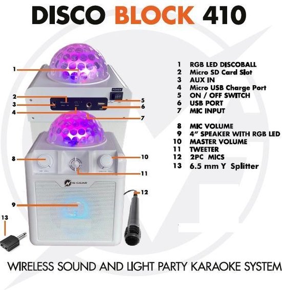 N-GEAR DISCO BLOCK 410 - Draagbare karaoke set met 2 microfoons - Wit