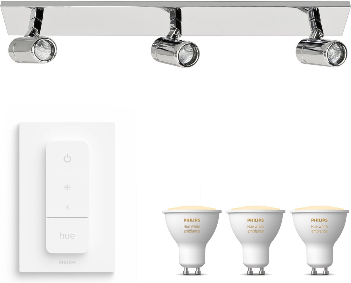 Highlight Rain Opbouwspot met Philips Hue White Ambiance GU10 & Dimmer Switch - Spotjes Opbouw - 3 Lichtpunten - Chroom