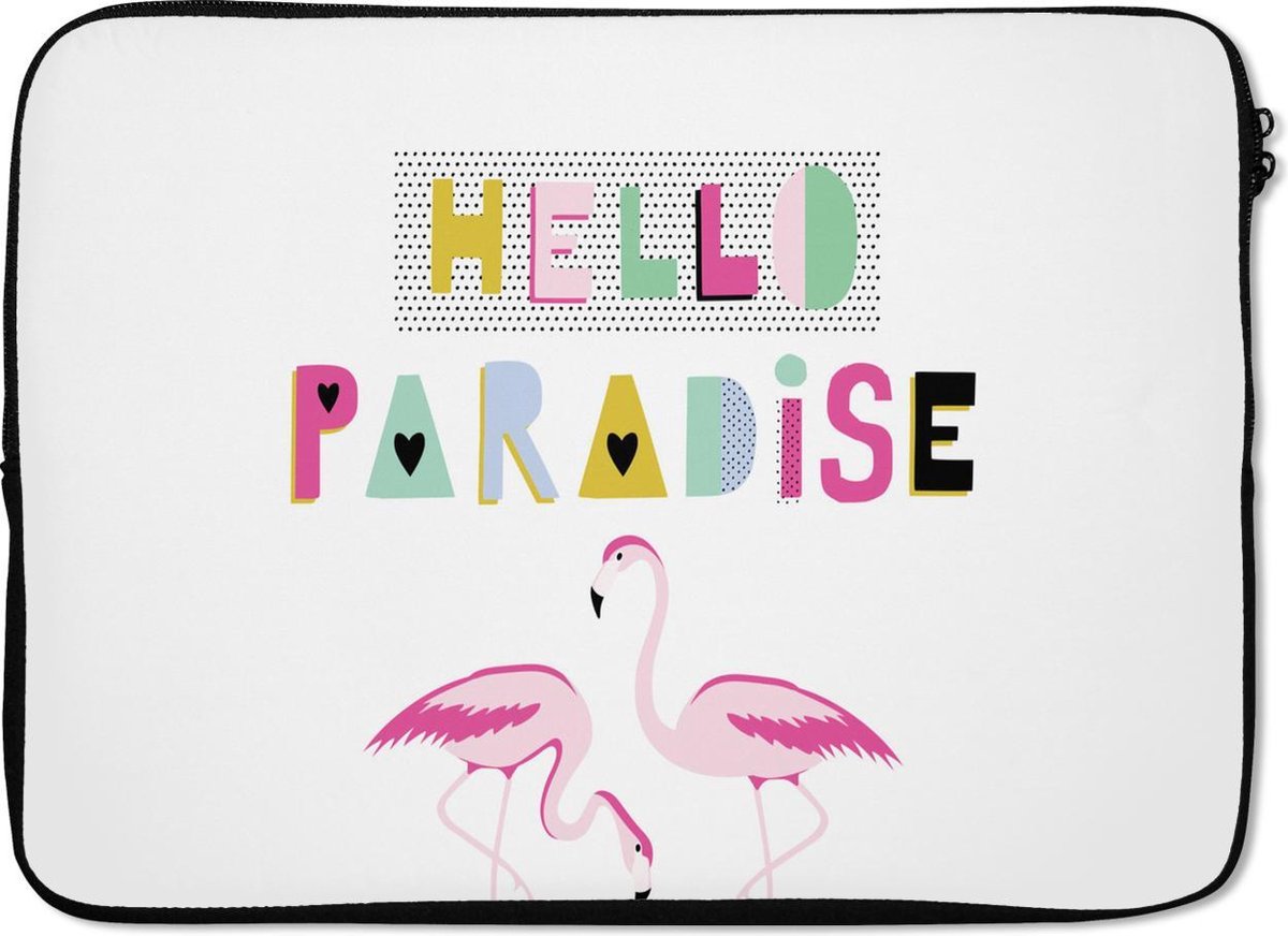 Laptophoes 13 inch - Flamingo - Roze - Wit - Laptop sleeve - Binnenmaat 32x22,5 cm - Zwarte achterkant