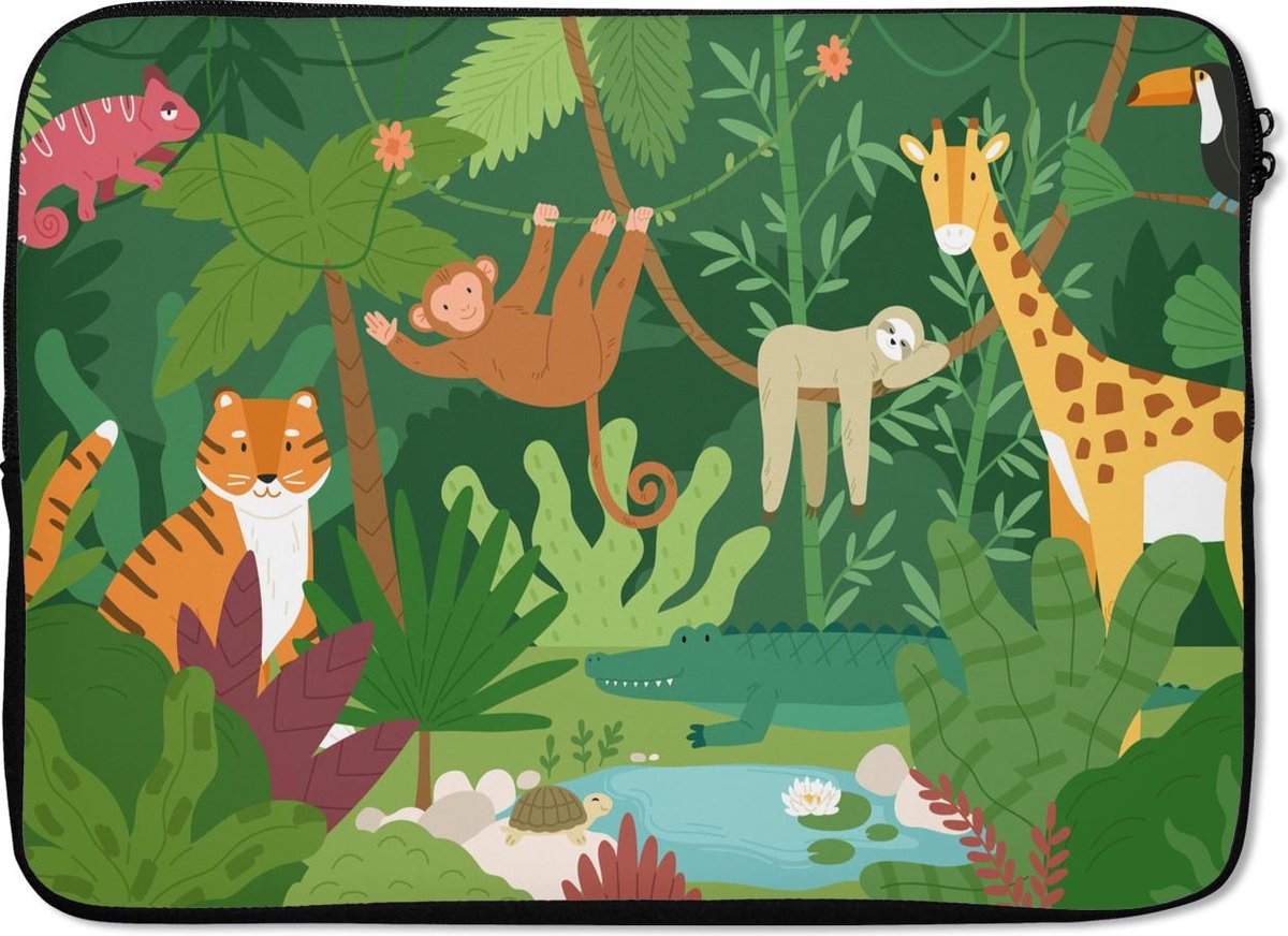 Laptophoes 14 inch - Jungle - Dieren - Natuur - Laptop sleeve - Binnenmaat 33x23 cm - Zwarte achterkant